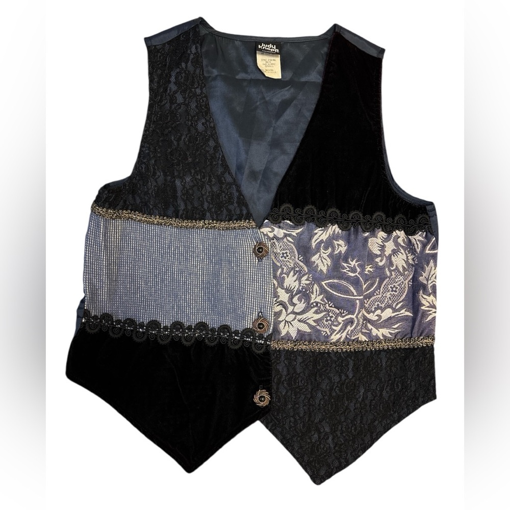 Judy Knapp Vintage vest in various shades of blue by with a printed design SizeS